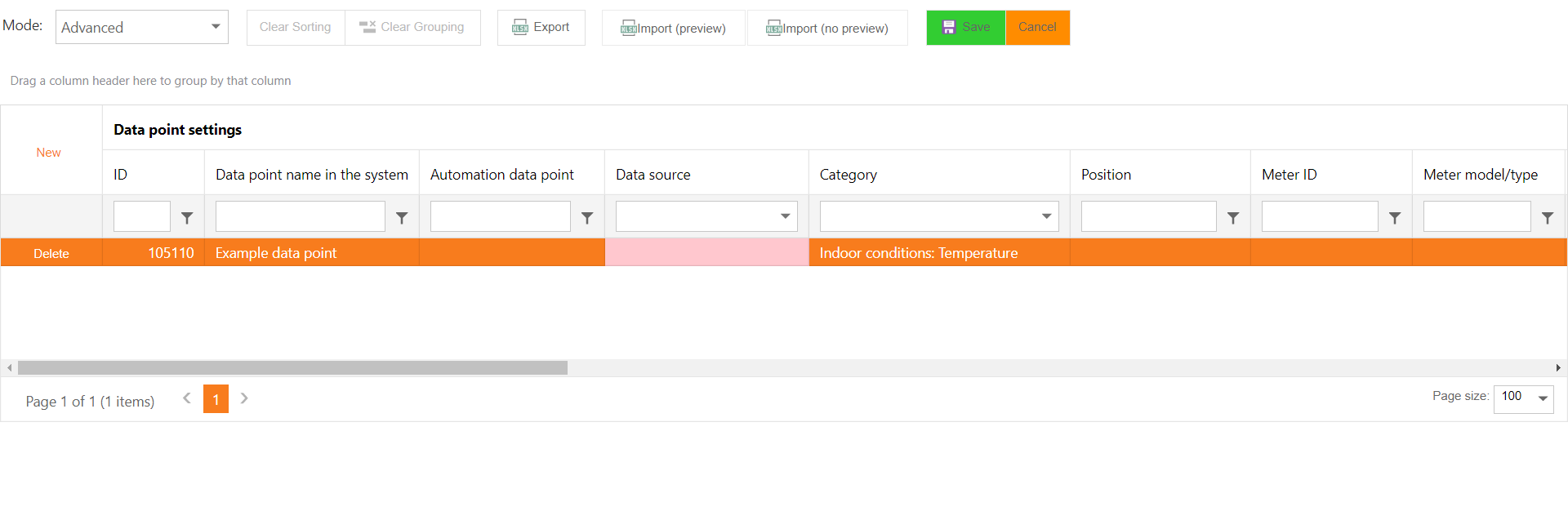Data point settings page